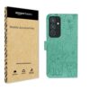 amazon basics Flip Cover Back Case for Samsung Galaxy M35 5G | Genuine Leather Finish | Designer Button | Inbuilt Pockets & Stand | Green Elephant | Flip Back Cover Case (Faux Leather, Green)