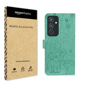 amazon basics Flip Cover Back Case for Samsung Galaxy M35 5G | Genuine Leather Finish | Designer Button | Inbuilt Pockets & Stand | Green Elephant | Flip Back Cover Case (Faux Leather, Green)