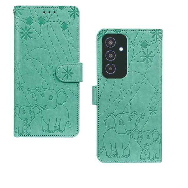 amazon basics Flip Cover Back Case for Samsung Galaxy M35 5G | Genuine Leather Finish | Designer Button | Inbuilt Pockets & Stand | Green Elephant | Flip Back Cover Case (Faux Leather, Green)