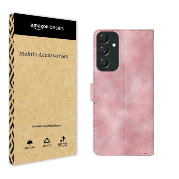 amazon basics Samsung Galaxy A16 5G Flip Cover | Card Pockets Wallet & Stand | Flip Cover for Samsung Galaxy A16 5G (Pink Flower)