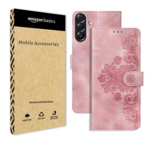amazon basics Samsung Galaxy M16 5G Flip Cover | Card Pockets Wallet & Stand | Flip Cover for Samsung Galaxy M16 5G (Pink Flower)