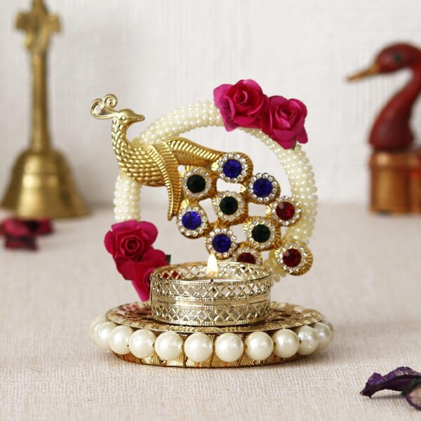 eCraftIndia Metal Peacock Floral Decorative Tea Light Candle Holder for Diwali, Navratri, Ganesh Chaturthi, Christmas, New Year| Tea Light Holders for Home Decor | Diwali Decoration Item