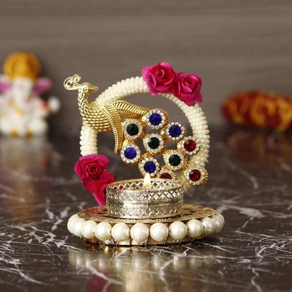 eCraftIndia Metal Peacock Floral Decorative Tea Light Candle Holder for Diwali, Navratri, Ganesh Chaturthi, Christmas, New Year| Tea Light Holders for Home Decor | Diwali Decoration Item