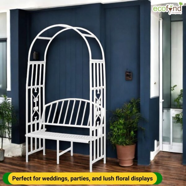 ecofynd 6.6 Feet High x 3 Feet Wide Garden Arch with 2-Seater Bench, Metal Arbor Trellis for Climbing Plant with Outdoor Garden Chair, Backdrop Stand for Wedding Lawn Backyard Party Decor (GC001-WHT)
