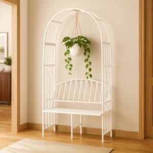 ecofynd 6.6 Feet High x 3 Feet Wide Garden Arch with 2-Seater Bench, Metal Arbor Trellis for Climbing Plant with Outdoor Garden Chair, Backdrop Stand for Wedding Lawn Backyard Party Decor (GC001-WHT)