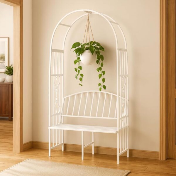 ecofynd 6.6 Feet High x 3 Feet Wide Garden Arch with 2-Seater Bench, Metal Arbor Trellis for Climbing Plant with Outdoor Garden Chair, Backdrop Stand for Wedding Lawn Backyard Party Decor (GC001-WHT)