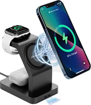 eller santé® Wireless Charger 3-in-1 23W Magnetic Mag-Safe for iPhone 17/17 Air/17 Pro/17 Pro Max, 16/16 Plus/16 Pro/16 Pro Max, 15/14/13/12, Airpods 3rd/2nd gen, Series 9/8/7/6/5/4/SE-Black