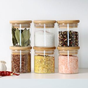 glass jars with wooden lid glass jar set food storage containers Borosilicate glass jar Set/Suit for Sugar, Tea, and Other Dry food storage (220ML JARS, 6 PCS, Transparent)