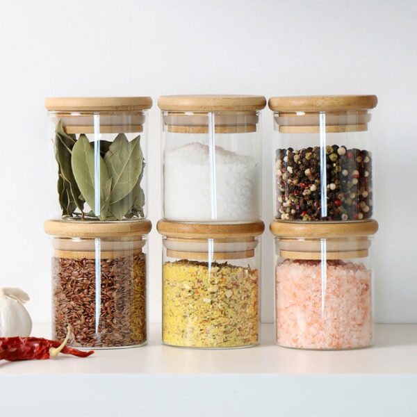 glass jars with wooden lid glass jar set food storage containers Borosilicate glass jar Set/Suit for Sugar, Tea, and Other Dry food storage (220ML JARS, 6 PCS, Transparent)