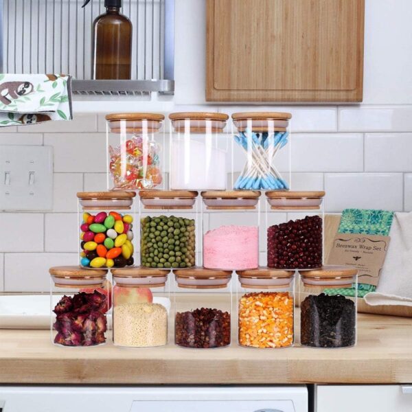 glass jars with wooden lid glass jar set food storage containers Borosilicate glass jar Set/Suit for Sugar, Tea, and Other Dry food storage (220ML JARS, 6 PCS, Transparent)