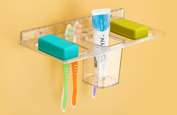 iSTAR 4 in 1 Multipurpose White Plastic Unbreakable Soap Dish Tooth Brush Holder Home Acrylic Bathroom Faucets Accessories 4 in 1 Corner Plastic Wall Shelf (1)