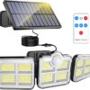 kh Plastic Solar Light Outdoors,3 Heads Solar Motion Sensor Lights with Remote Control,122 LED Solar Security Lights,IP65 Waterproof,270 Wide Angle,Security LED Flood Light with 3 Modes,13 ft Cable