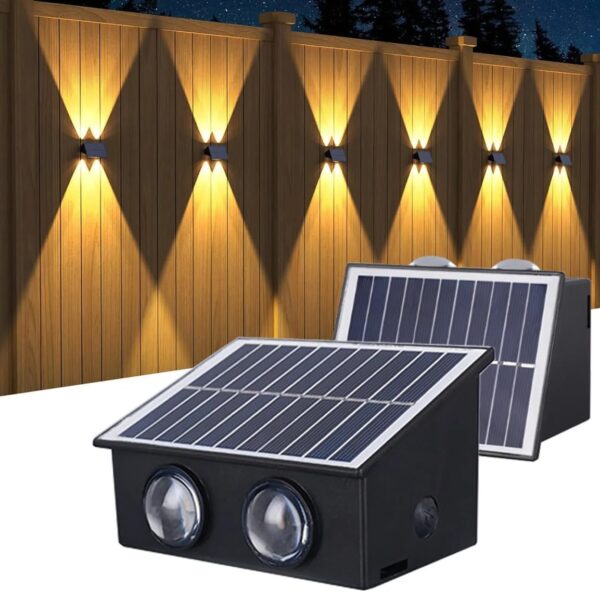 kh Solar Outdoor Wall Lights Up and Down 4 LED Outdoor Lamp Solar Wall Lights, IP65 Waterproof Patio Wall Light, Solar Exterior Lights for House Garage Garden (Warm White) (4 LED)