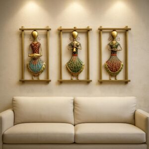 pranjals house Rajasthani Musician Metal Wall Art Set of 3 | Traditional Indian Wall Hanging Decor for Living Room, Bedroom & Home | Handcrafted Metal Frame (12 x 6.5 Inch)