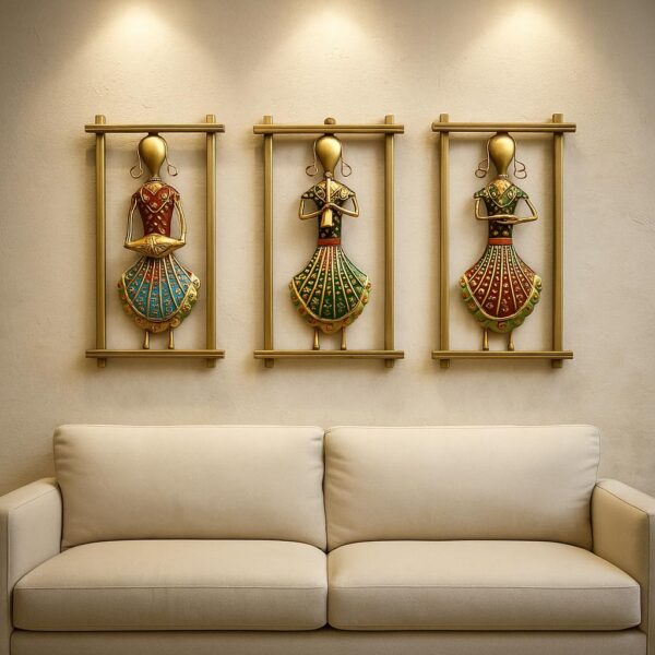 pranjals house Rajasthani Musician Metal Wall Art Set of 3 | Traditional Indian Wall Hanging Decor for Living Room, Bedroom & Home | Handcrafted Metal Frame (12 x 6.5 Inch)