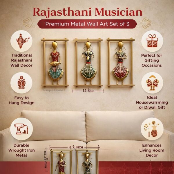 pranjals house Rajasthani Musician Metal Wall Art Set of 3 | Traditional Indian Wall Hanging Decor for Living Room, Bedroom & Home | Handcrafted Metal Frame (12 x 6.5 Inch)