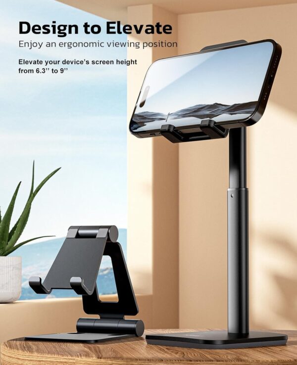proffisy Mobile Stand for Table Height Adjustable Aluminium Phone Stand Holder for iPhone Kindle Stable Portable,Black