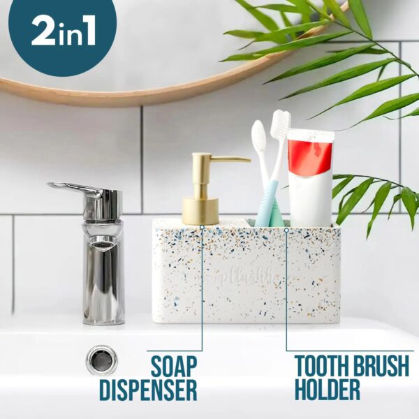 resin Liquid Soap Dispenser for Bathroom Set (Blue Terrazzo) - Dispenser Set for Bathroom Accessory, Soap Dispenser Holder for Bathroom Soap and Brush Holder Bathroom Organiser Set