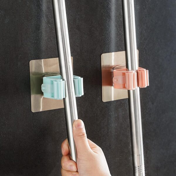 wolpin Self Adhesive Mop Holder Hooks | Wall Mount Broom Organizer for Bathroom & Kitchen | Steel & Plastic Waterproof Multipurpose Holders | Pack of 3 Slots | Easy No-Drill Installation