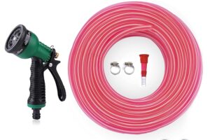 0.5 Inch PVC Pink Zebraline Water Pipe| Lightweight, Durable & Flexible| Hose with 7 Mode Sprey Gun Accessories Connector & Clamps| Watering Garden, Cleaning, Outdoor-Indoor Use (10 Meter)