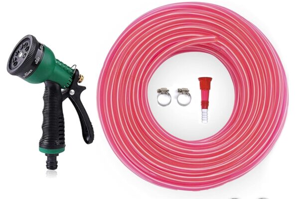 0.5 Inch PVC Pink Zebraline Water Pipe| Lightweight, Durable & Flexible| Hose with 7 Mode Sprey Gun Accessories Connector & Clamps| Watering Garden, Cleaning, Outdoor-Indoor Use (10 Meter)