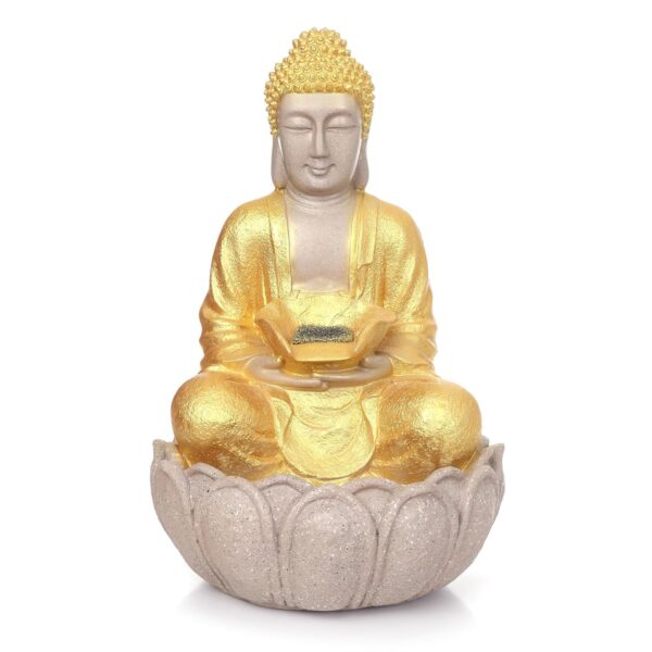 1.5 Feet Unbreakable Fiber Buddha Water Fountain | Warm Lights & Motor | for Home Office & Garden Decor Vastu & Positive Energy | Made in India (Golden)