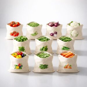 100% Cotton Reusable Fruit & Vegetable Storage Bags Set of 10, 12x12 Inch Zipper Fridge Organizer Bags, Washable Breathable Eco Friendly Produce Bags for Kitchen Grocery (Storage Bags 10 Pcs)
