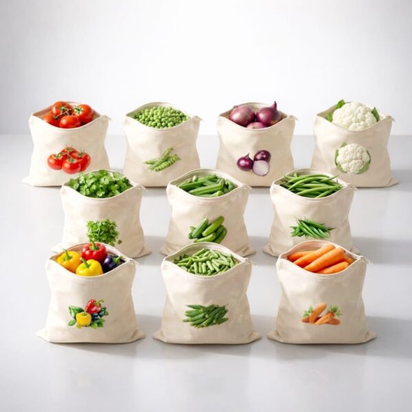 100% Cotton Reusable Fruit & Vegetable Storage Bags Set of 100% Cotton Reusable Fruit & Vegetable Storage Bags Set of 10, 12x12 Inch Zipper Fridge Organizer Bags, Washable Breathable Eco Friendly Produce Bags for Kitchen Grocery (Storage Bags 10 Pcs)