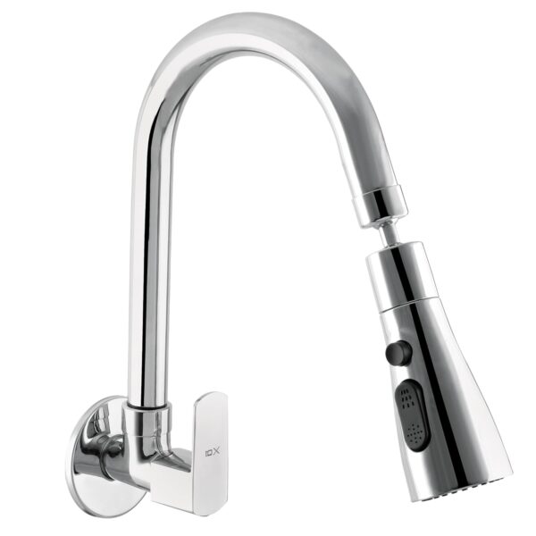 10X Rotatable Brass Kitchen Sink Tap ST-41023 Rotatable Neck Triple Flow, 3 Function Shower Flow/Foam, Anit Splash Wall Mount, Chrome Plate