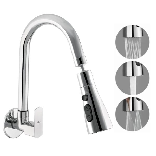10X Rotatable Brass Kitchen Sink Tap ST-41023 Rotatable Neck Triple Flow, 3 Function Shower Flow/Foam, Anit Splash Wall Mount, Chrome Plate
