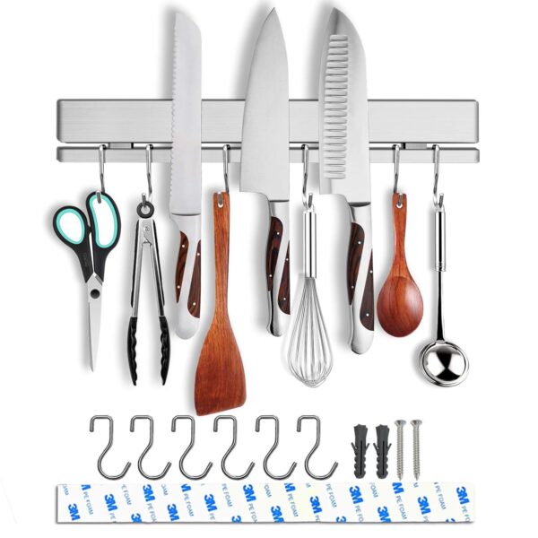 12 Inch Magnetic Knife Holder for Wall with Hooks (6pcs) -Knife Magnetic Strip -Kitchen Utensil Hanger -Magnetic Utensil Holder -Premium 304 Stainless Steel Kitchen Utensil Rack Wall Mount