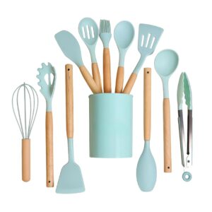 12 Pcs Silicone Cooking Utensils Set with Holder - Heat Resistant Spatula Turner Set, Wooden Spoons, Kitchen Gadgets Tools for Nonstick Cookware (12, Green)