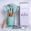 12 Pcs Silicone Cooking Utensils Set with Holder - Heat Resistant Spatula Turner Set, Wooden Spoons, Kitchen Gadgets Tools for Nonstick Cookware (12, Green)