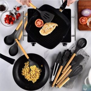 12-Piece Silicone Kitchen Utensil Set with Wooden Handles,Non-Stick, BPA-Free Cooking & Baking Tools –Heat Resistant, Flexible, Silicone Cookware Set – Spatulas, Spoons, Whisk & More