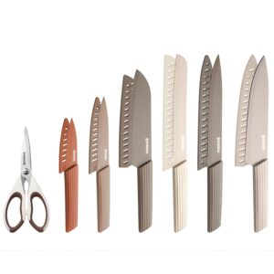 13-Piece Kitchen Knife Set | 6 Ceramic Coated Knives with 6 Blade Guards & Kitchen Scissors with Safety Cover | Chef, Santoku, Bread, Utility & Paring Knives | for Home & Restaurant Use | Multicolor