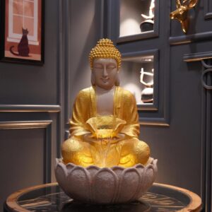 1.5 Feet Unbreakable Fiber Buddha Water Fountain | Warm Lights 1.5 Feet Unbreakable Fiber Buddha Water Fountain | Warm Lights & Motor | for Home Office & Garden Decor Vastu & Positive Energy | Made in India (Golden)