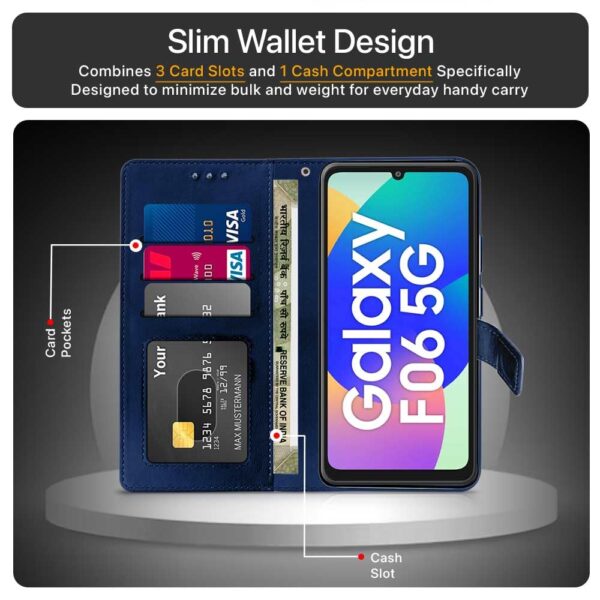 WOW IMAGINE Shock Proof Flip Cover Back Case Cover for Samsung Galaxy M06 5G | Galaxy F06 5G (Flexible | Leather Finish | Card Pockets Wallet & Stand | Blue)