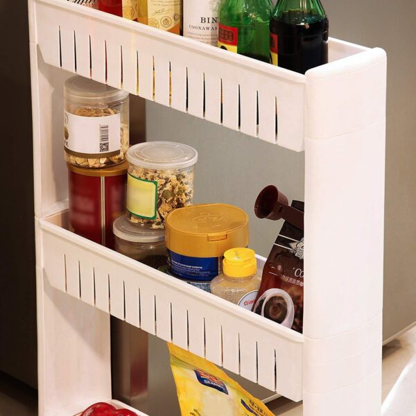 FLIPZON Slim Rolling Storage Rack – 4-Tiered Shelf Plastic Slide-Out Organizer | Space-Saving, Multipurpose | for Kitchen, Bathroom, Laundry, Pantry & Utility Storage | Floor Standing | White