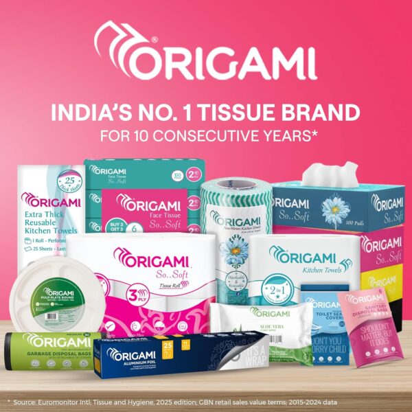 Origami 2 Ply 6 in 1 Kitchen Tissue Paper Roll | Tough, Super Absorbent & Food Safe Tissues for Spotless Cleaning | Ideal for Multi Purpose Use (60 Pulls Per Roll, 360 Sheets)