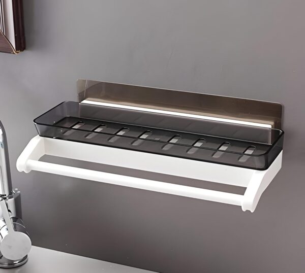 Bathroom Shelf Storage Rack with Towel Holder – Self Adhesive Wall Mount Kitchen & Bathroom Organizer, Plastic Storage Shelf for Shampoo, Towels & Accessories | No Drilling (Pack of 1)