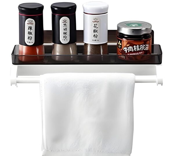 Bathroom Shelf Storage Rack with Towel Holder – Self Adhesive Wall Mount Kitchen & Bathroom Organizer, Plastic Storage Shelf for Shampoo, Towels & Accessories | No Drilling (Pack of 1)