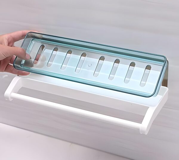Bathroom Shelf Storage Rack with Towel Holder – Self Adhesive Wall Mount Kitchen & Bathroom Organizer, Plastic Storage Shelf for Shampoo, Towels & Accessories | No Drilling (Pack of 1)