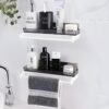 Bathroom Shelf Storage Rack with Towel Holder – Self Adhesive Wall Mount Kitchen & Bathroom Organizer, Plastic Storage Shelf for Shampoo, Towels & Accessories | No Drilling (Pack of 1)