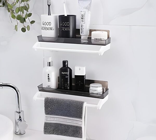 Bathroom Shelf Storage Rack with Towel Holder – Self Adhesive Wall Mount Kitchen & Bathroom Organizer, Plastic Storage Shelf for Shampoo, Towels & Accessories | No Drilling (Pack of 1)