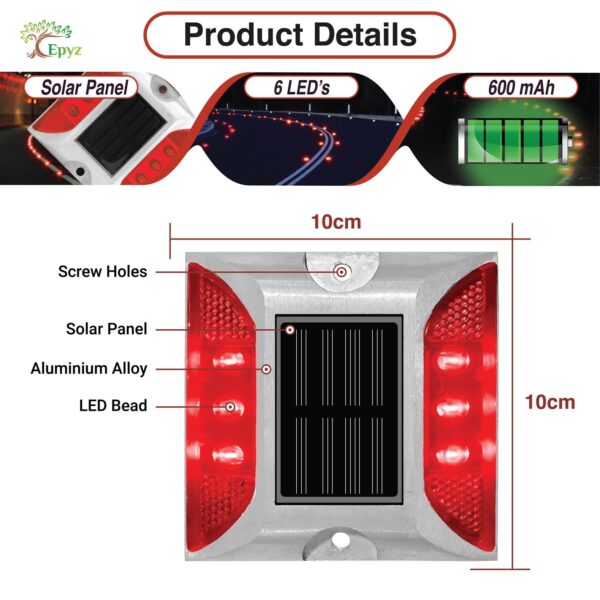 Epyz Solar Road Stud Light Outdoor Waterproof 6 LED Deck Lights for Driveway, Dock, Markers, Step, Staircase, Garden, Ground [ Aluminium Alloy ] [ Pack of 1, Red Flashing ]