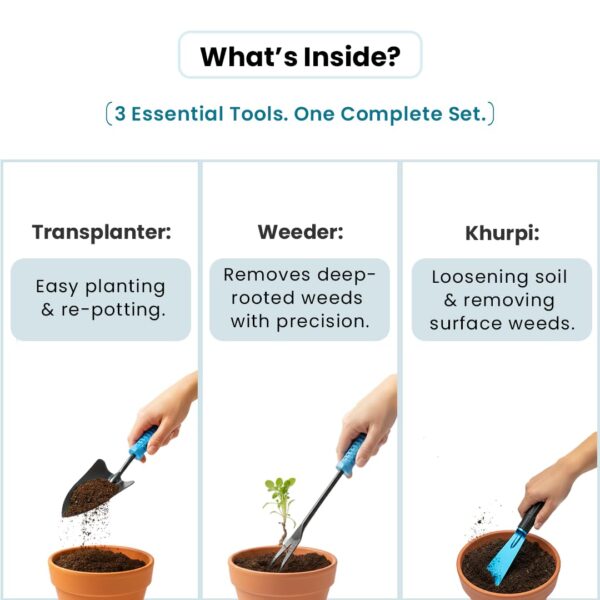 IFFCO Urban Gardens - 3-Piece Garden Tool Set | Transplanter, 2-inch Khurpi & Weeder | Heavy-Duty Gardening Accessories