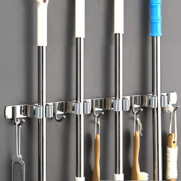 Broom Mop Holder Wall Mount Stainless Steel Wall Mounted Storage Organizer Heavy Duty Tools Hanger for Kitchen Bathroom Closet Garage Office Garden-1Pc (4 Rack 5 Hook), Hanging Shelves