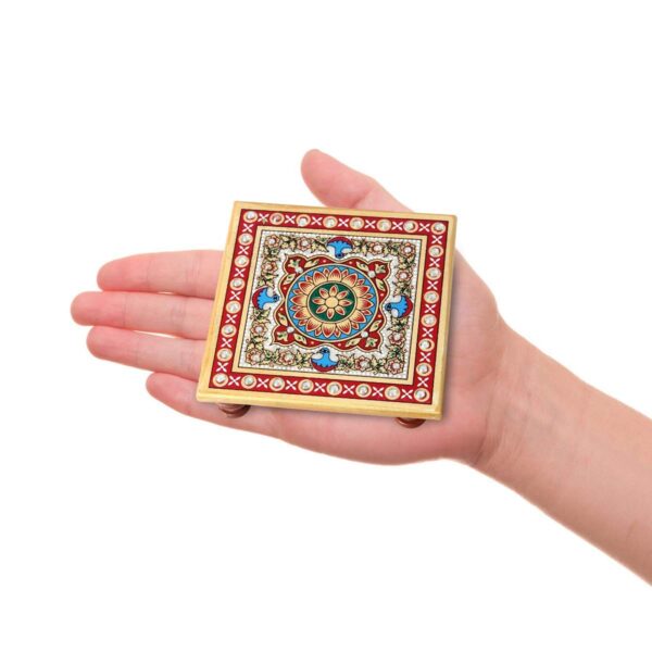 Handicrafts Paradise (4 x 4 inch, Set of 2Pc) Intricate Floral Painted Marble Chowki (Multicolour) Idols Statues Pratima, Bajot for God, Home Mandir, Home Décor Showpiece