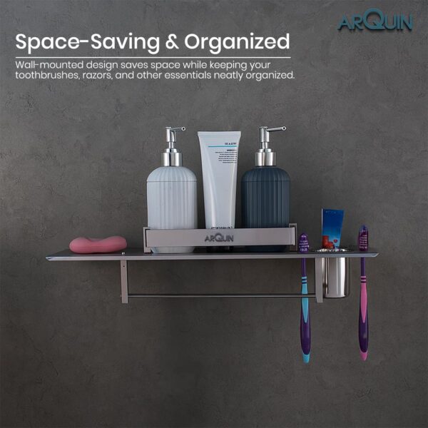 Bathroom Shelf 4 in 1 Bathroom Accessories Set Storage Organizer Wall Mount Shelf 304 Grade Stainless Steel Wall Shelf for Bathroom Multipurpose Shelf/Rack/Towel Hanger Tumbler Holder