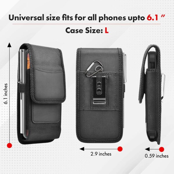 Phone Holster for Men Belt Clip Pouch, for iPhone 14, 14 Pro, 13, 13 Pro, 12 Pro, 12, X, XR, Xs, 11 Pro and More, 6.45" Nylon Cell Phone Holster Mobile Card Holder Case (L, Black)